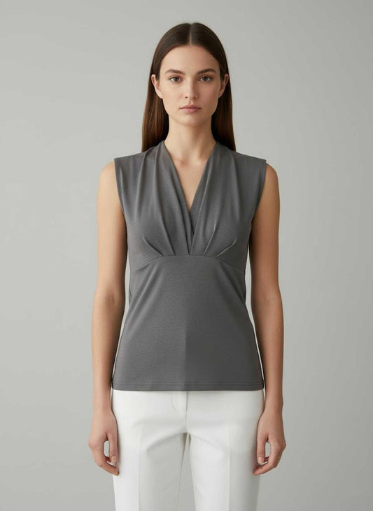 Sleeveless Draped V-Neck Top in Charcoal – Refined, Flattering, Timeless