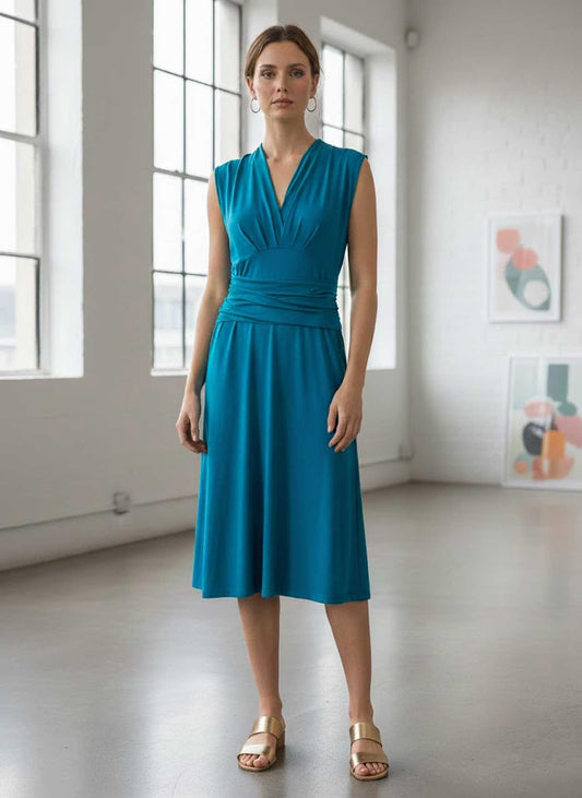 Teal Sleeveless Wrap-Style Midi Dress
