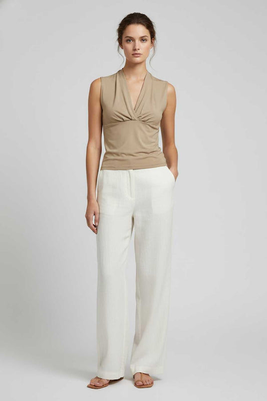 Sleeveless Drape-Front Jersey Top in Sand