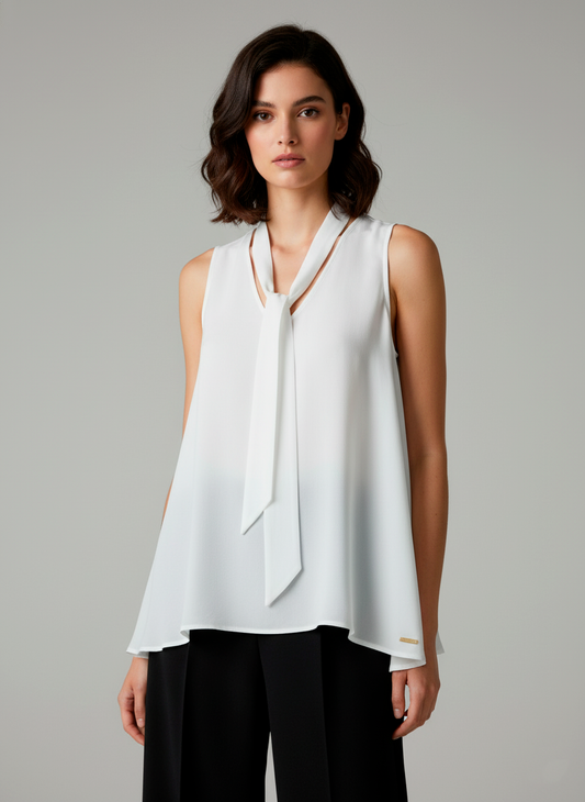 Sleeveless Tie-Neck Crepe Top – Elegant White