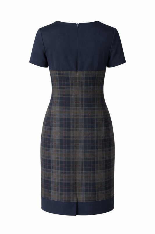 Tailored Check Panel Dress with Short Sleeves