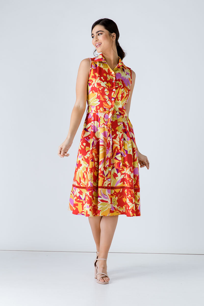 Conquista Φόρεμα Midi Casual Αμάνικο Με Ζώνη Floral Πολύχρωμο C191-123-30