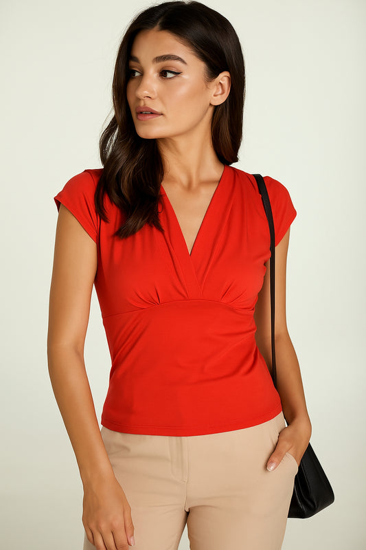 Red Draped V-Neck Sleeveless Top