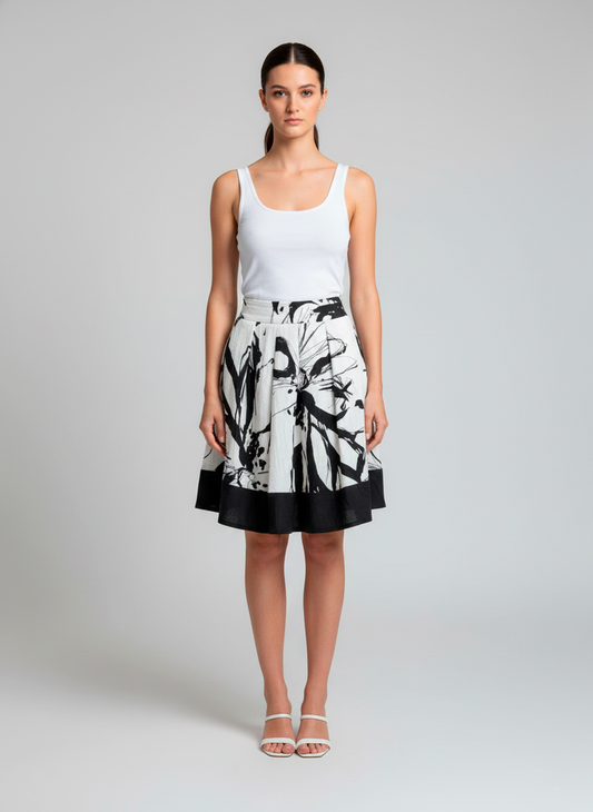 A-Line Floral Sketch Skirt with Contrast Black Hem