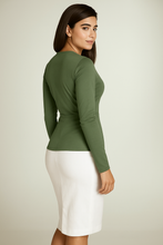 Load image into Gallery viewer, Dusty Green Long Sleeve Faux Wrap Top in Stretch Jersey Sustainable Fabric