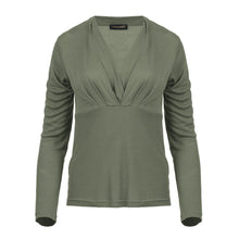 Load image into Gallery viewer, Dusty Green Long Sleeve Faux Wrap Top in Stretch Jersey Sustainable Fabric