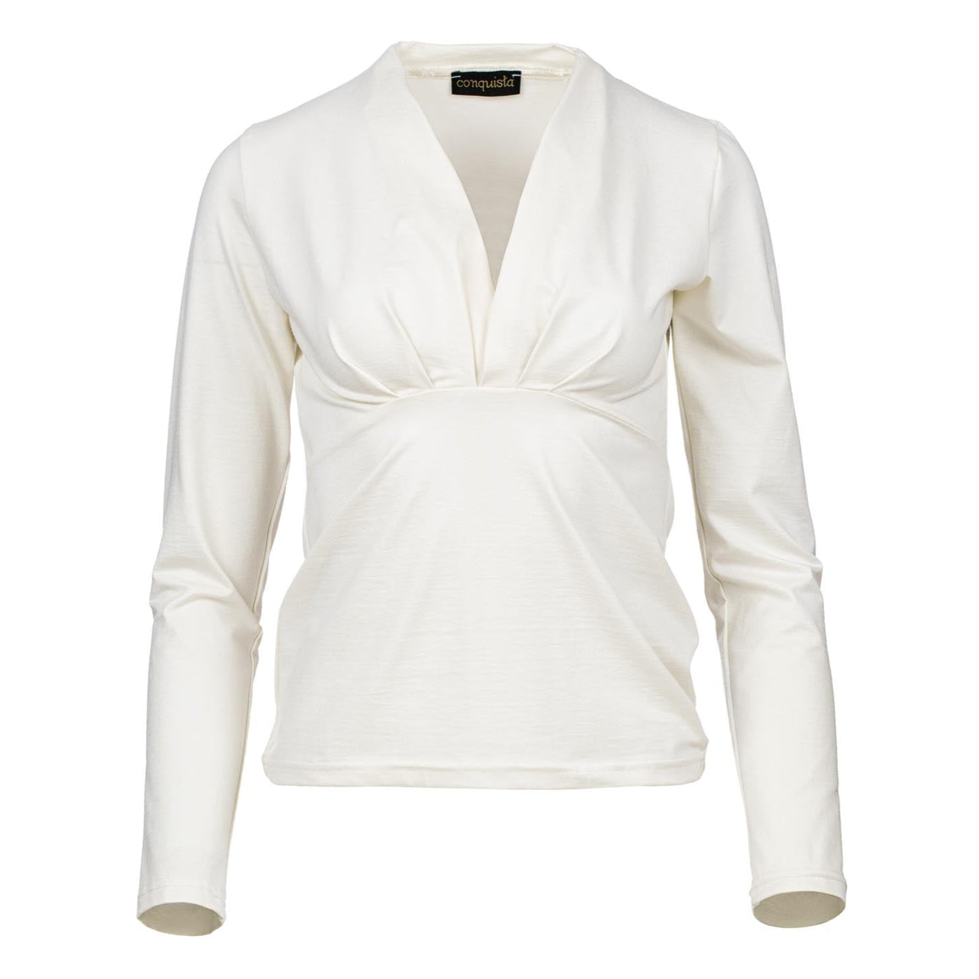 Off-White Jersey Top with V-Neck Detail – Viscose Blend, Long Sleeve