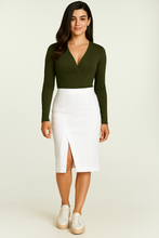 Load image into Gallery viewer, Women's Viscose Elastane Jersey Top – Long Sleeve, Deep V-Neck- Dark Khaki