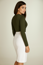 Load image into Gallery viewer, Women's Viscose Elastane Jersey Top – Long Sleeve, Deep V-Neck- Dark Khaki