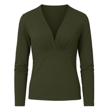 Load image into Gallery viewer, Women's Viscose Elastane Jersey Top – Long Sleeve, Deep V-Neck- Dark Khaki