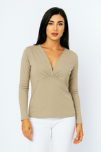 Load image into Gallery viewer, Sand Long Sleeve Faux Wrap Top in Stretch Jersey Sustainable Fabric