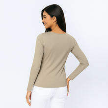 Load image into Gallery viewer, Sand Long Sleeve Faux Wrap Top in Stretch Jersey Sustainable Fabric