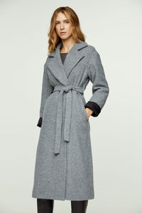 Charcoal Wool-Cotton Blend Coat with Shawl Collar and Elegant Belt