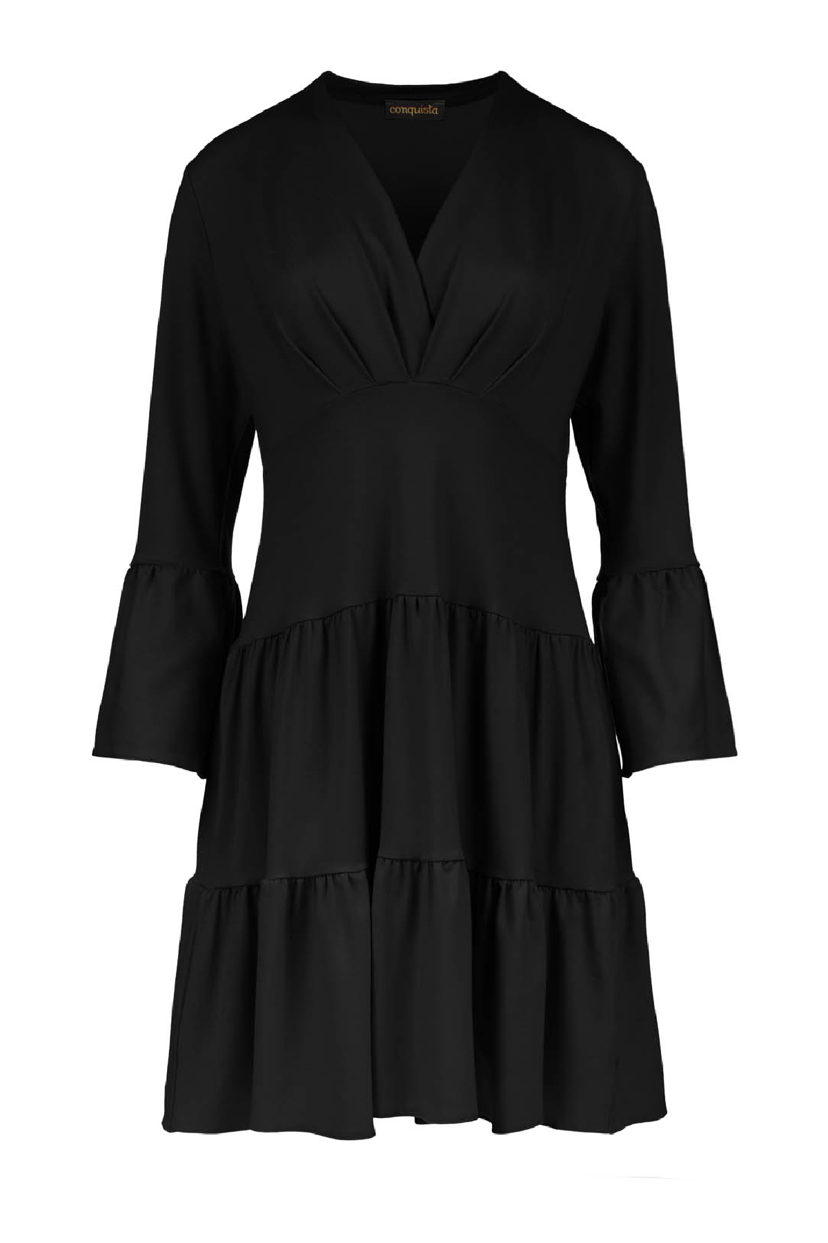 black tiered jersey dress Plus Size Puff Sleeve Tiered Dress