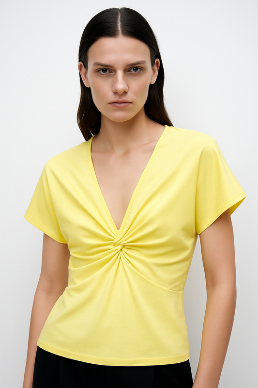 Yellow V-Neck Twist Front Top – Modern Elegance in Soft Cotton Blend