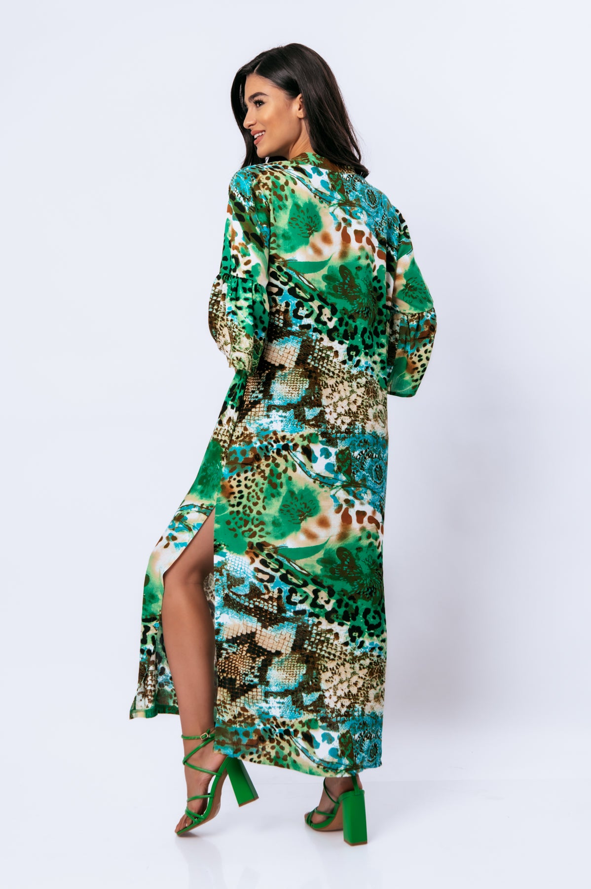 Conquista Φόρεμα Maxi Casual V-Λαιμόκοψη Με Φαρδιά Μανίκια Animal Print Πράσινο C221-088-17