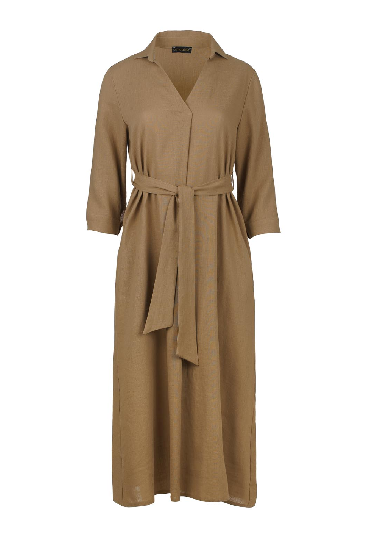 Beige Linen Style Midi Dress with Belt Conquista Beige Linen Style Midi Dress with Belt Conquista
