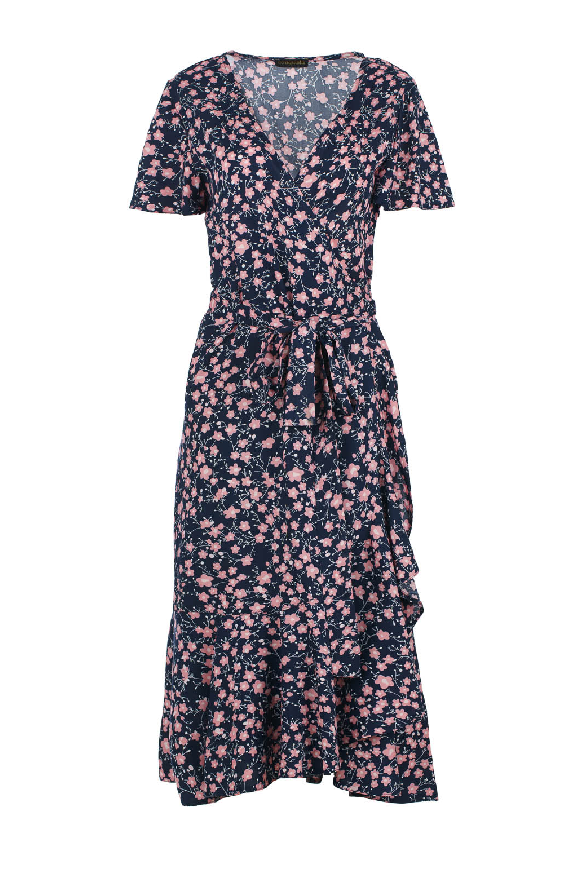 Conquista Φόρεμα Midi Casual Κοντομάνικο Κρουαζέ Με Ζώνη Floral Βισκόζη Μπλε C241-001-41