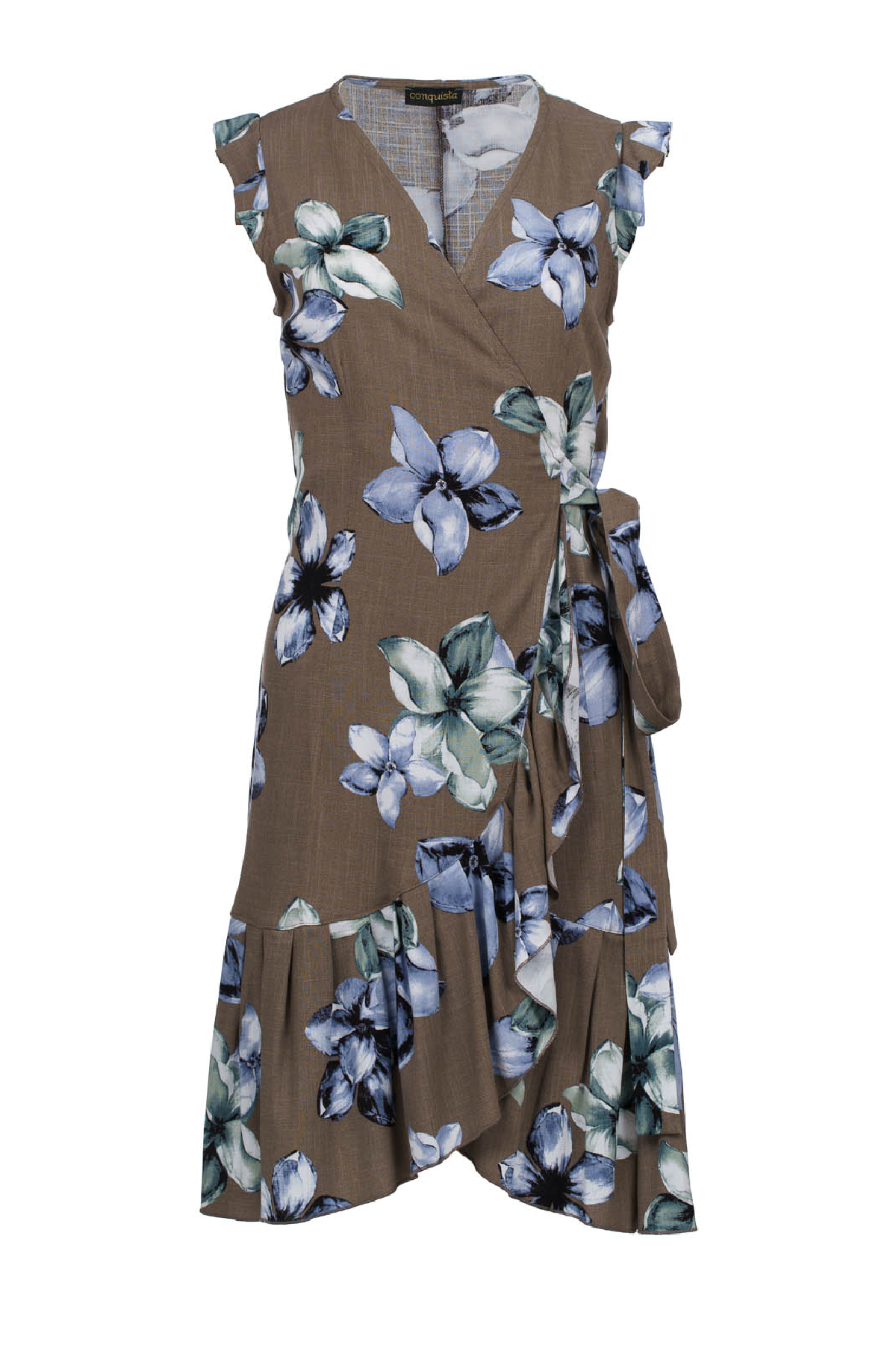 Conquista Φόρεμα Midi Casual Αμάνικο Κρουαζέ Με Βολάν Floral Βισκόζη Καφέ C241-009-51