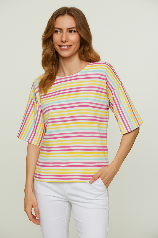 Striped Oversized Cotton Ripstop Top with Elbow-Length Sleeves