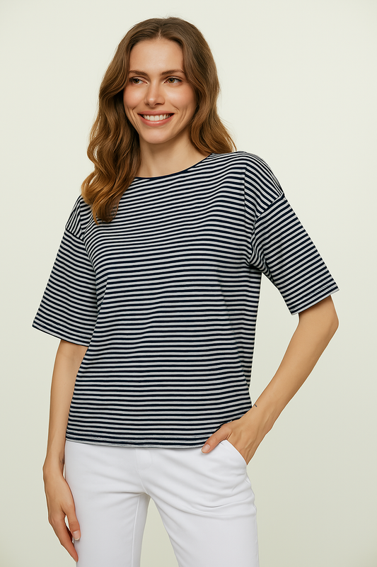 Striped Oversized Viscose-Elastane Top with Elbow-Length Sleeves