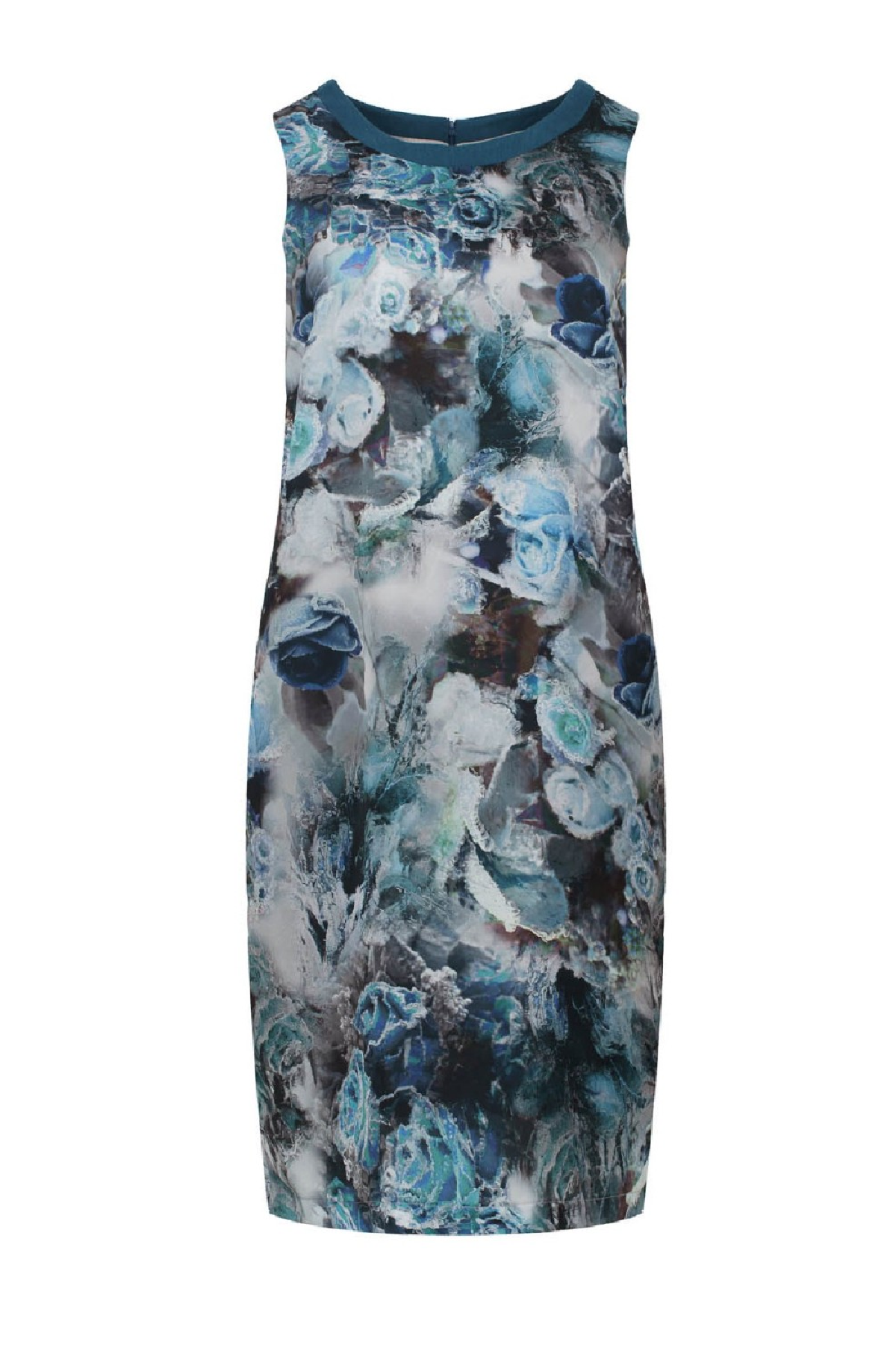 Floral Print Sleeveless Dress with Hidden Zip - Teal Blue