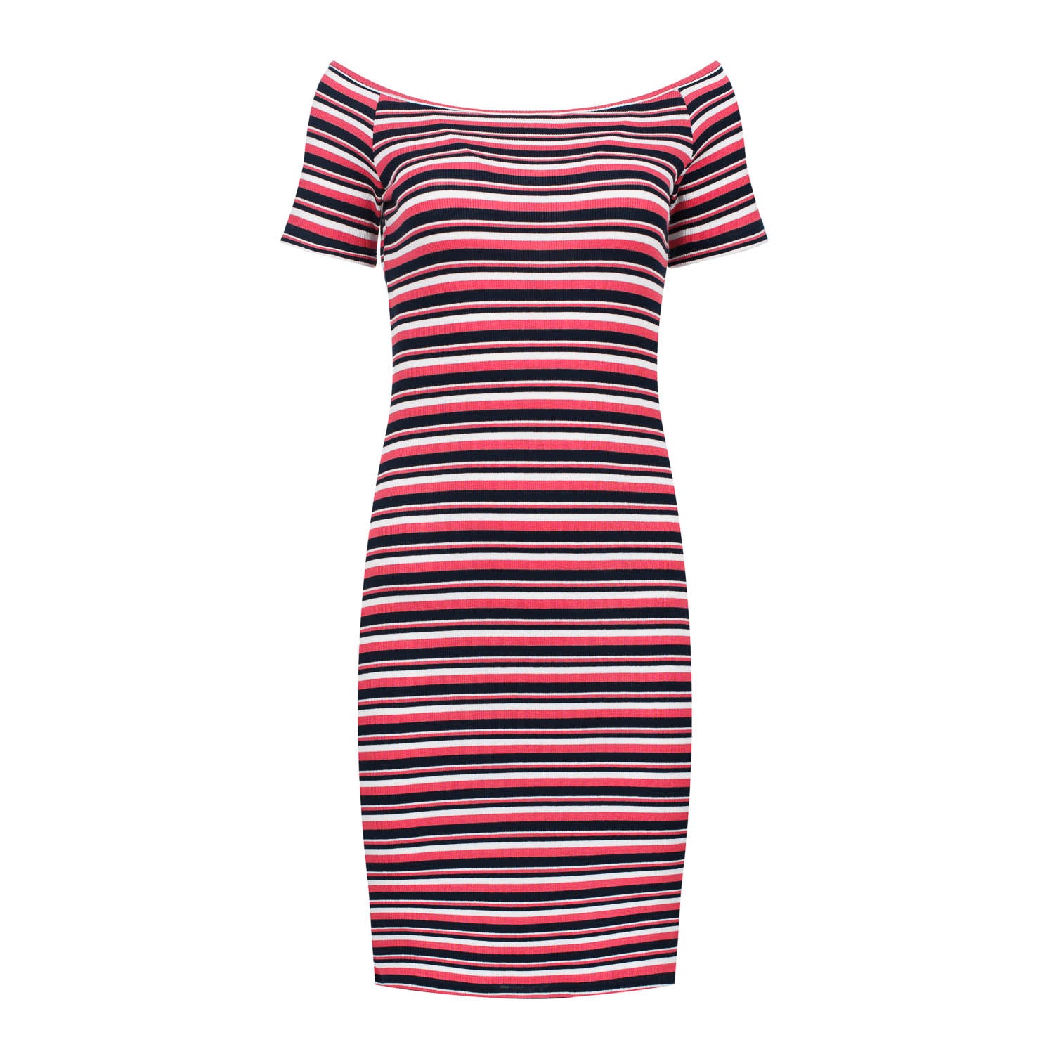 Striped Off-Shoulder Fitted Dress - Red & Black Conquista Striped Off-Shoulder Fitted Dress - Red & Black Conquista