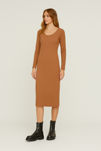 Load image into Gallery viewer, Long Sleeve Round Neck Midi Dress in Ribbed Cotton-Elastane Chocolate