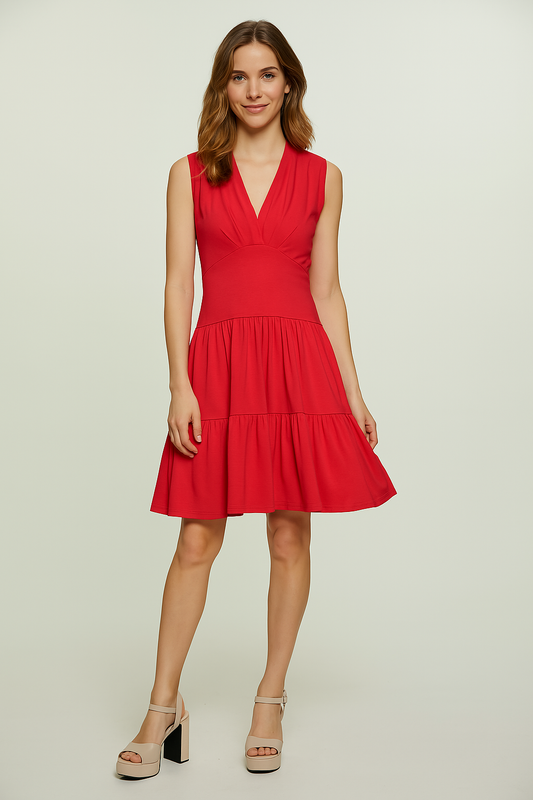 Conquista Φόρεμα Mini Casual Αμάνικο V-Λαιμόκοψη Με Σούρες & Βολάν Μονόχρωμο Κόκκινο C241-130-30