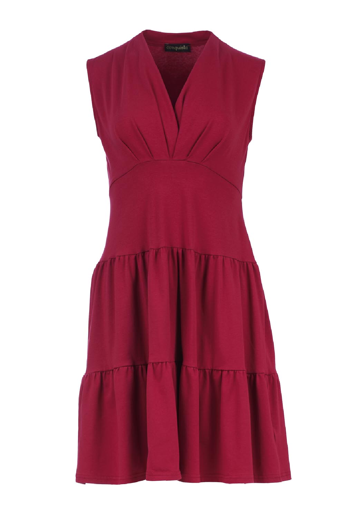 Conquista Φόρεμα Mini Casual Αμάνικο V-Λαιμόκοψη Με Βολάν Μονόχρωμο Βαμβάκι Ελαστάνη Μπορντό C241-130-90