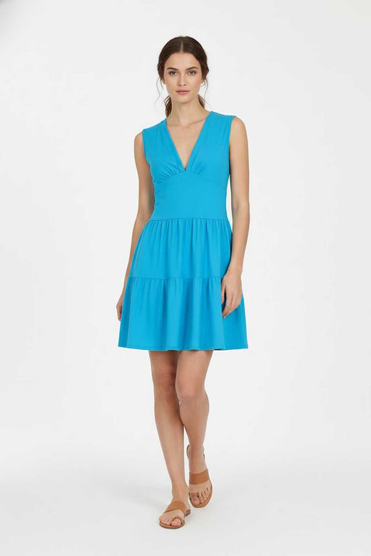 Turquoise Sleeveless V-Neck Jersey Dress – Loose Fit, Knee-Length