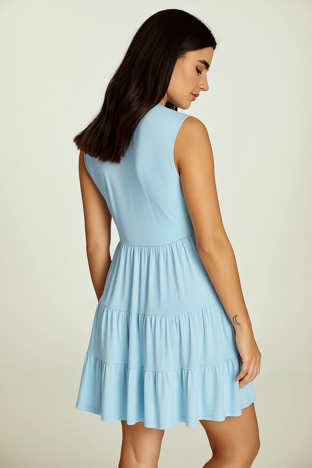 Conquista Φόρεμα Mini Casual Αμάνικο V-Λαιμόκοψη Με Βολάν Μονόχρωμο Βισκόζη Ελαστάνη Γαλάζιο C241-131-80