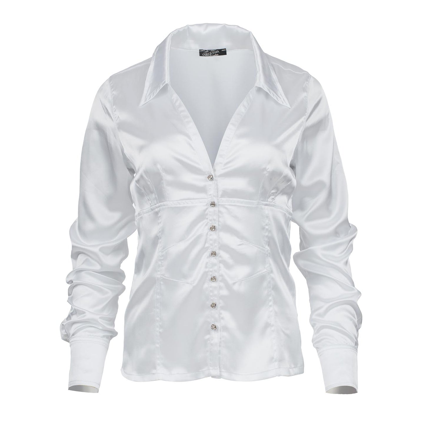 White Satin-Finish Blouse with Strass Button Detail – Fitted & Elegant