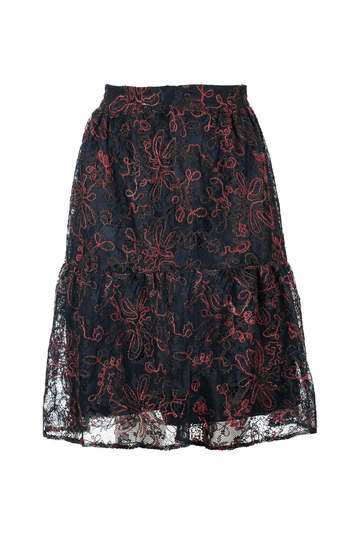 Black Lace Skirt with Dark Red Stitching – Viscose-Wool Blend, Below Knee, Elastic Waist