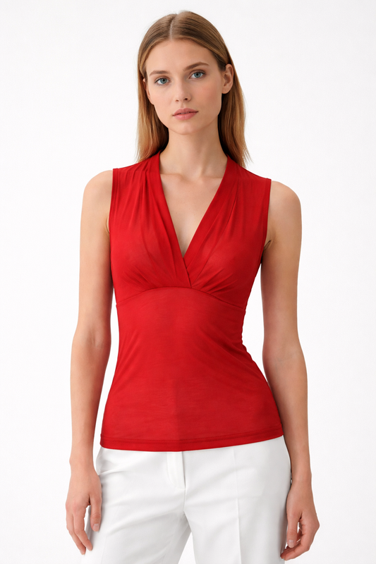 Sleeveless Red V-Neck Top – Viscose Jersey