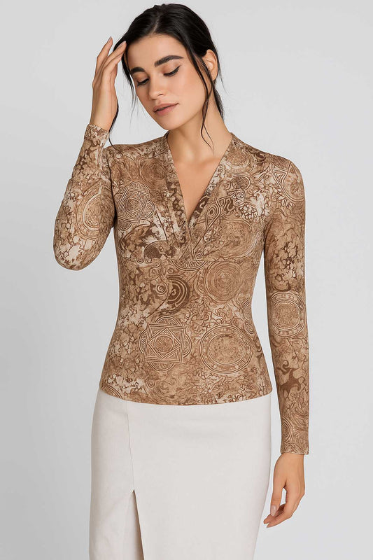 Women's Draped Viscose Elastane Top with Vintage Print – Long Sleeve, Deep V-Neck