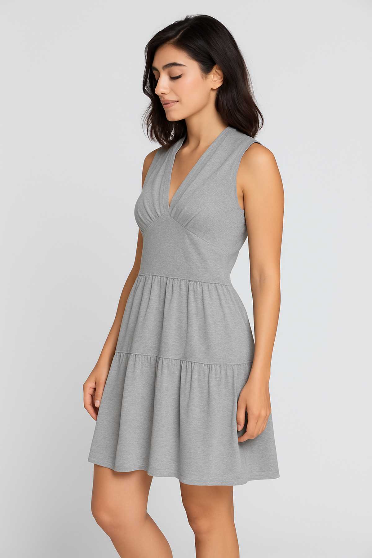Conquista Φόρεμα Mini Casual Αμάνικο V-Λαιμόκοψη Με Βολάν Μονόχρωμο Βισκόζη Γκρι C241-314-03