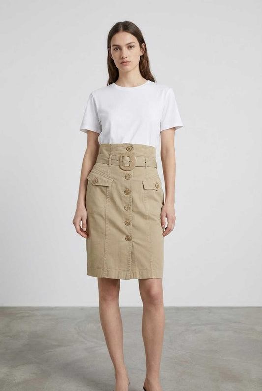 Conquista Φούστα Midi Casual Με Κουμπιά Με Ζώνη Με Τσέπες Μονόχρωμη Μπεζ C241-343-22