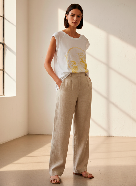 White Graphic Sleeveless Top with Artistic Print