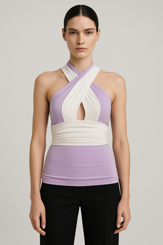 Two-Tone Halter Neck Top – Contemporary Elegance in Lilac and Ivory