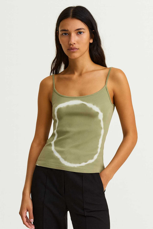 Conquista Τοπ Casual Τιραντάκι Στρογγυλή Λαιμόκοψη Tie-Dye Μονόχρωμο Χακί C241-446-37
