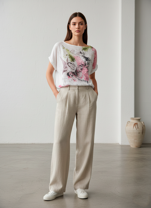 White Top with Hummingbird and Butterfly Watercolor Print