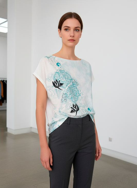 Printed Short-Sleeve Top with Floral and Ornamental Motifs