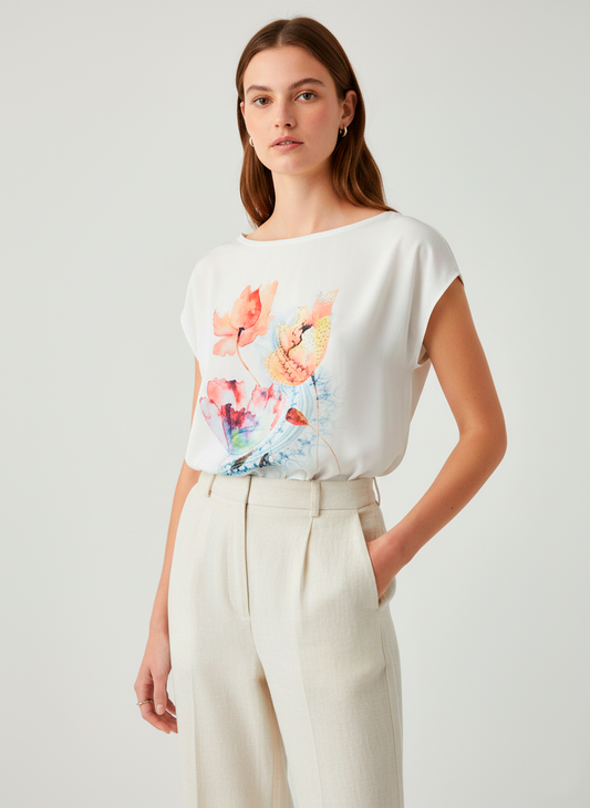 White Floral Print Top with Watercolor Design