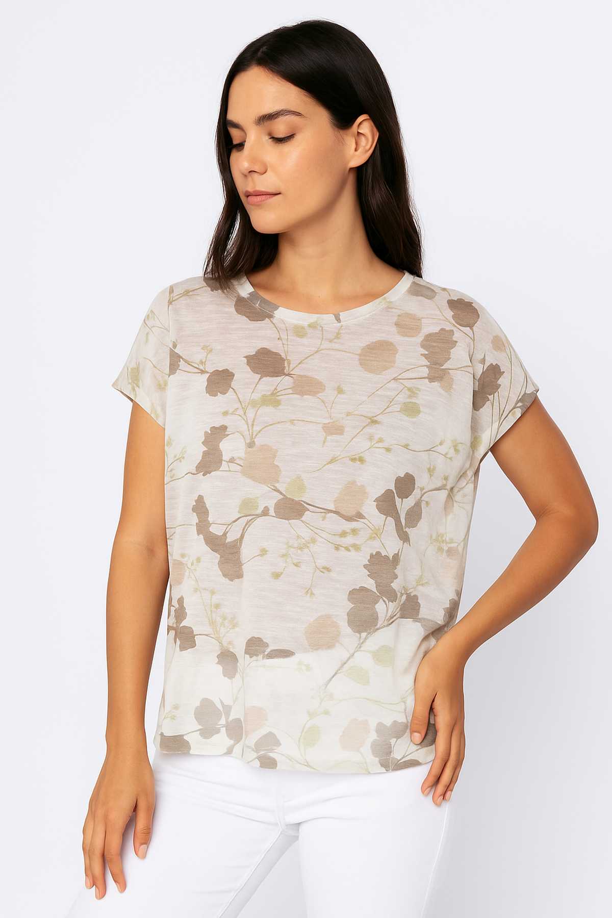Conquista Τοπ Κοντομάνικο Casual Στρογγυλή Λαιμόκοψη Floral Μπεζ C241-519-99