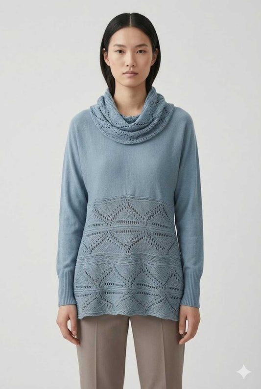 Textured Knit Cowl-Neck Sweater in Dusty Blue