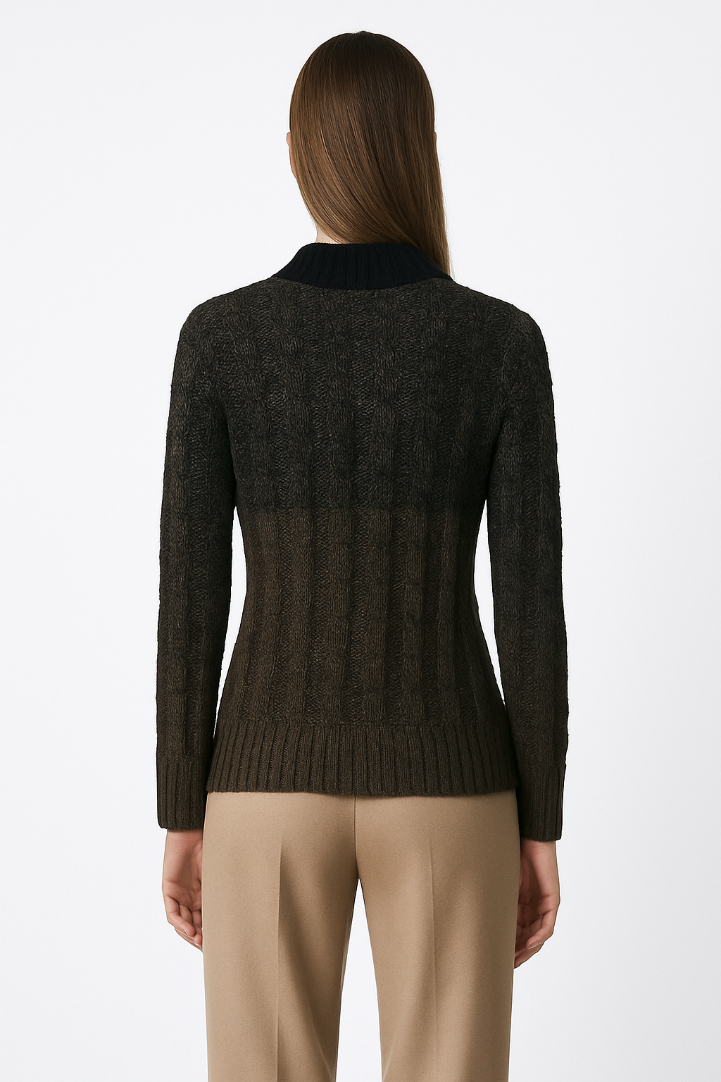 Women’s Ombre Cable-Knit Cardigan with Statement Buttons – Khaki & Black