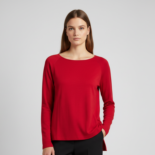 Red Long-Sleeve Top with Relaxed Fit and Layered Hem