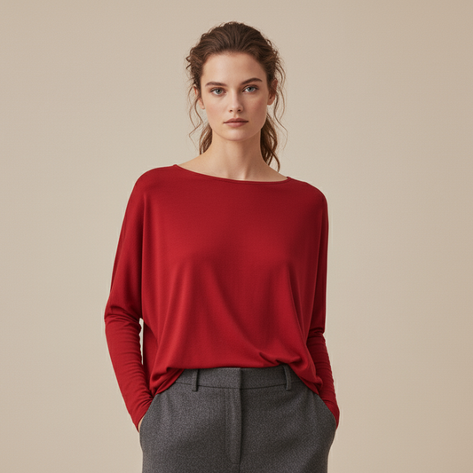 Relaxed Red Long-Sleeve Top with Soft Draped Fit