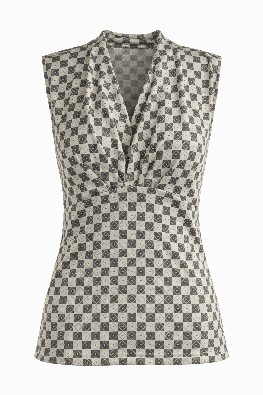 Sleeveless Geometric Wrap-Front Top in Black & Ecru